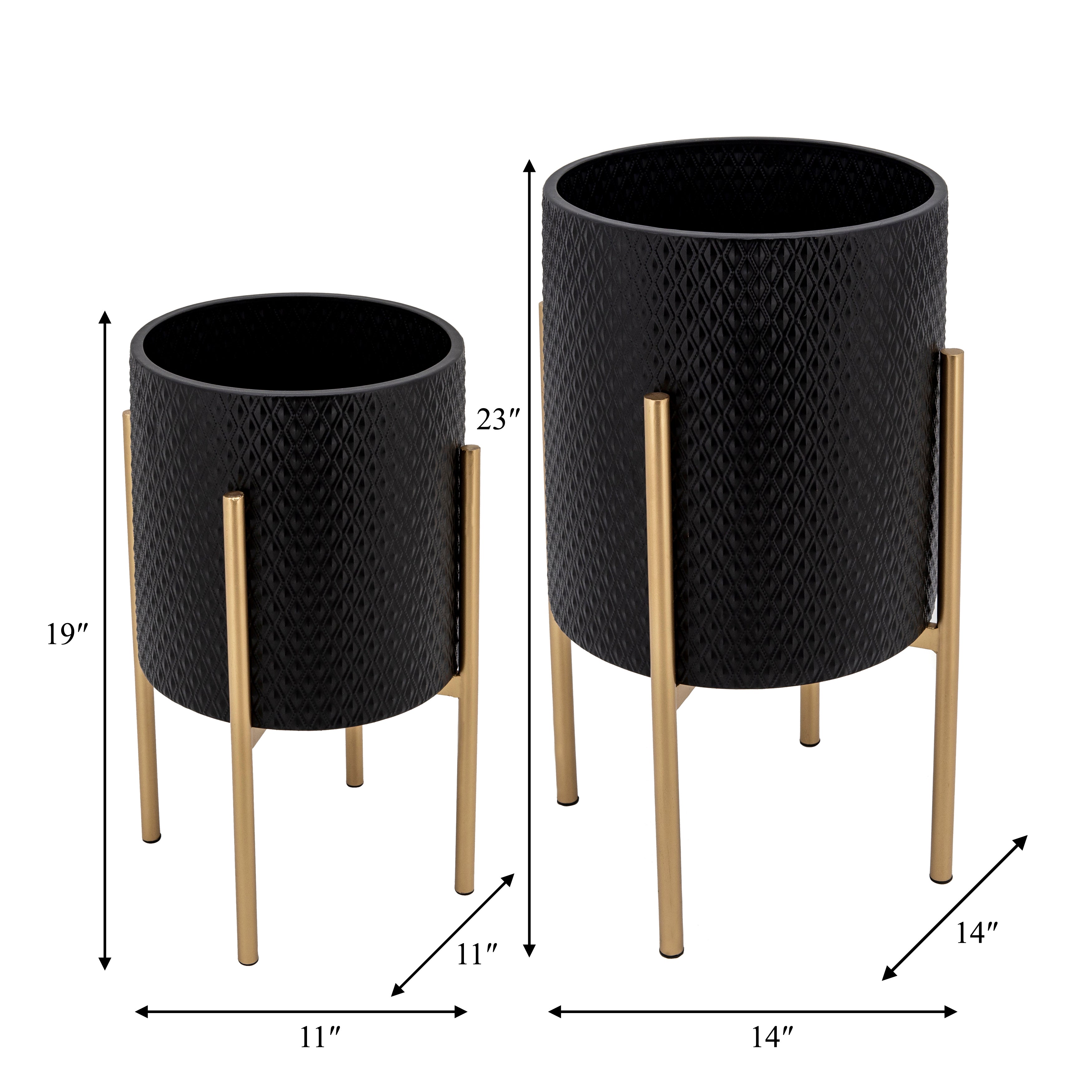 S/2 Textured Planter On Metalstand, Black/gld