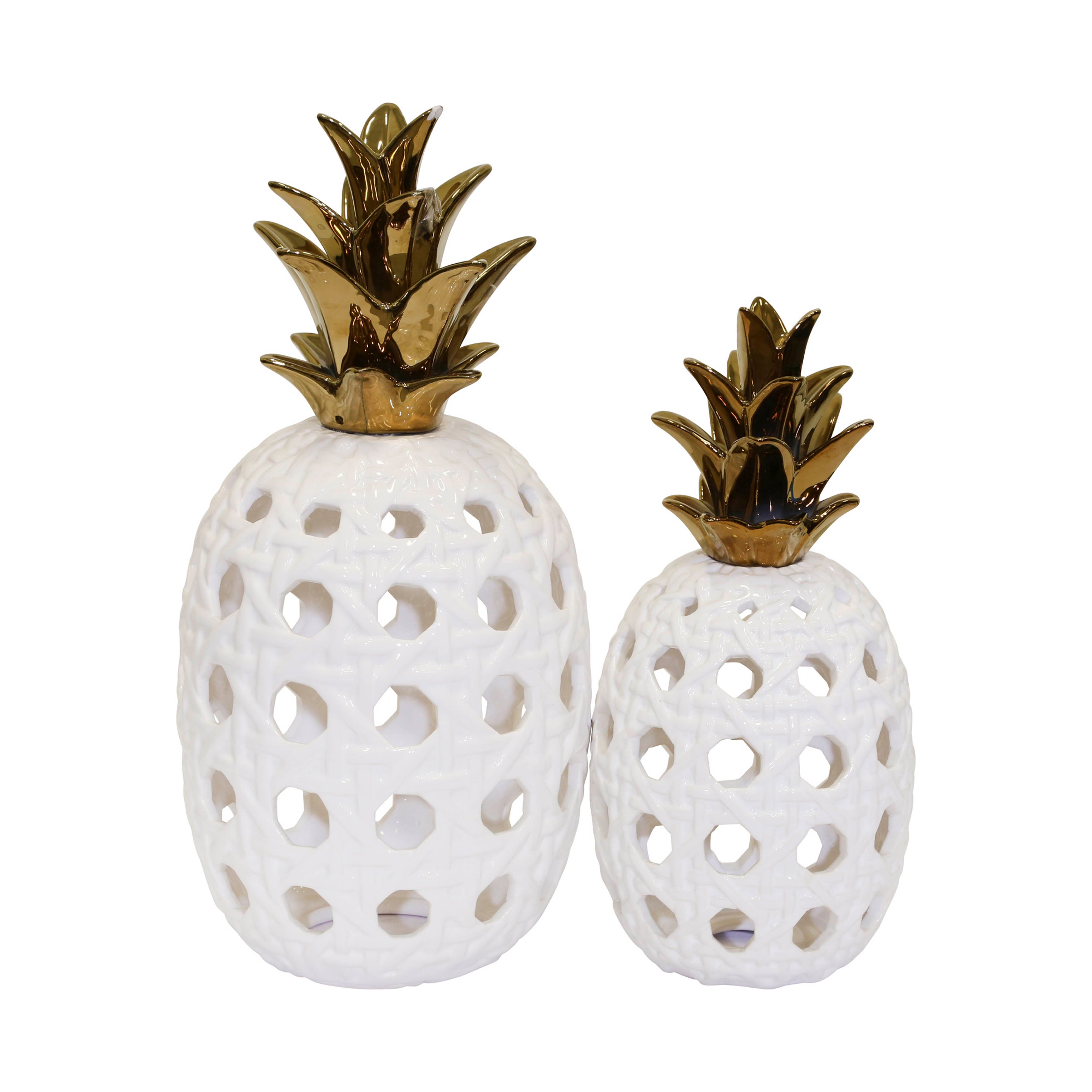 Island Elegance: 16" White & Gold Ceramic Lattice Weave Pineapple