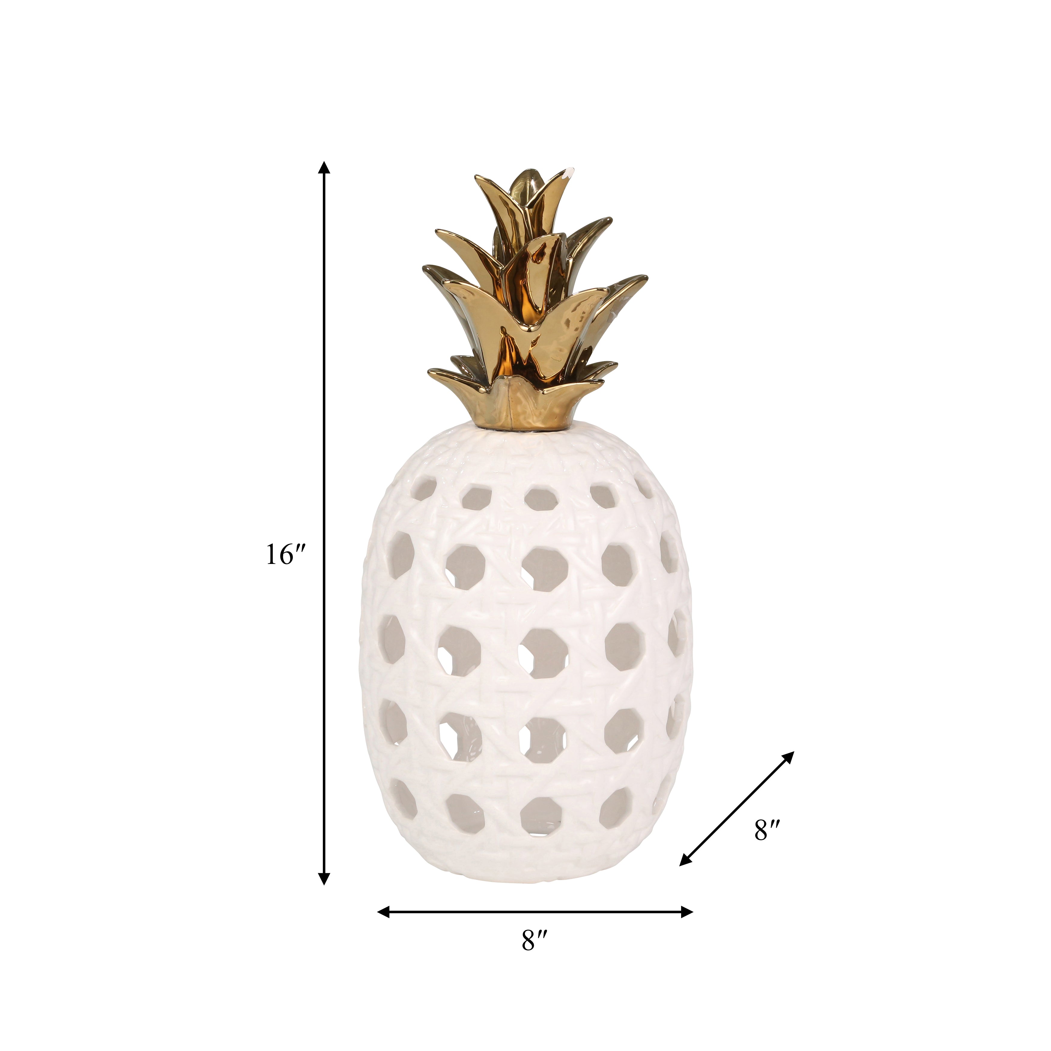 Island Elegance: 16" White & Gold Ceramic Lattice Weave Pineapple