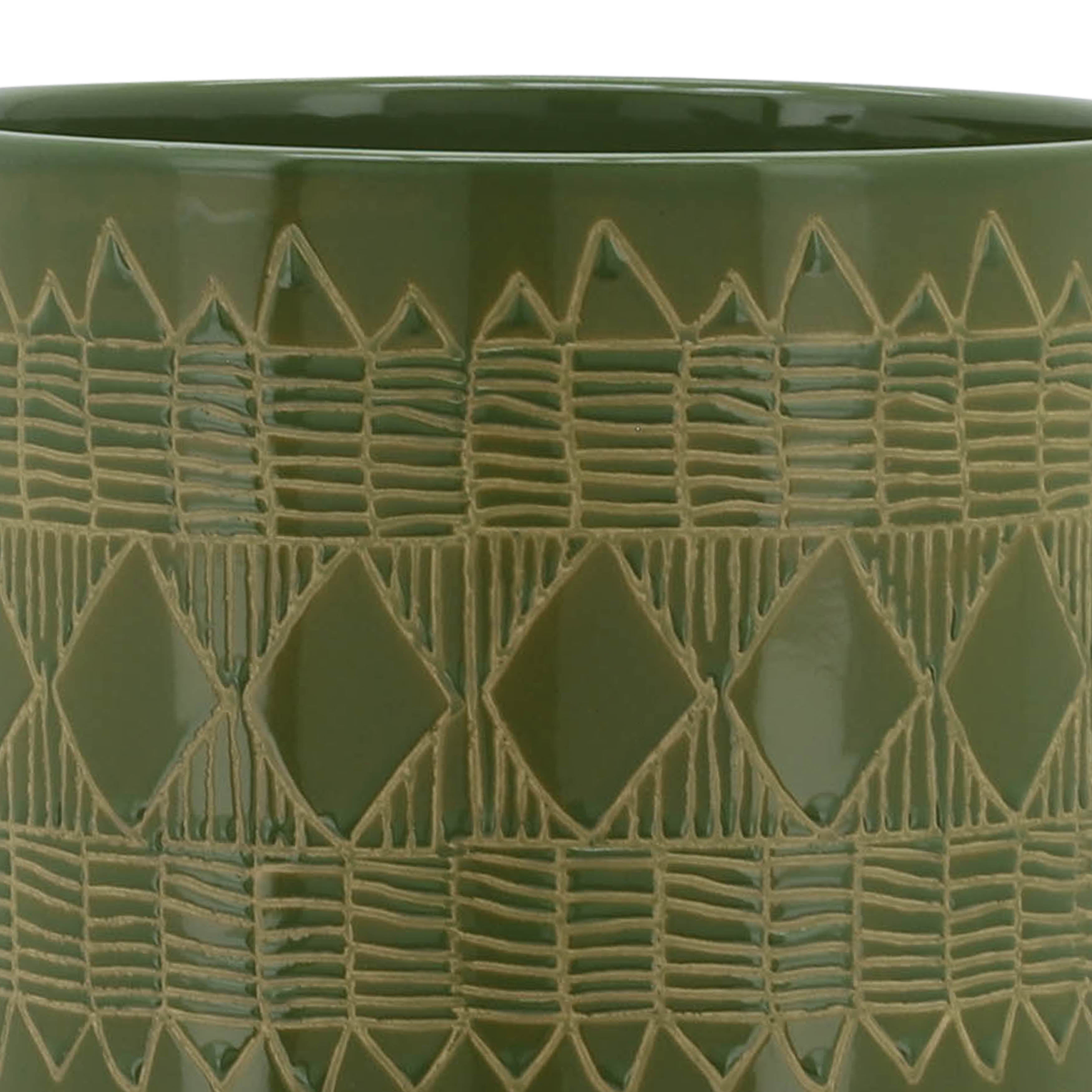 Ceramic 10" Aztec Planter On Wooden Stand, Olive
