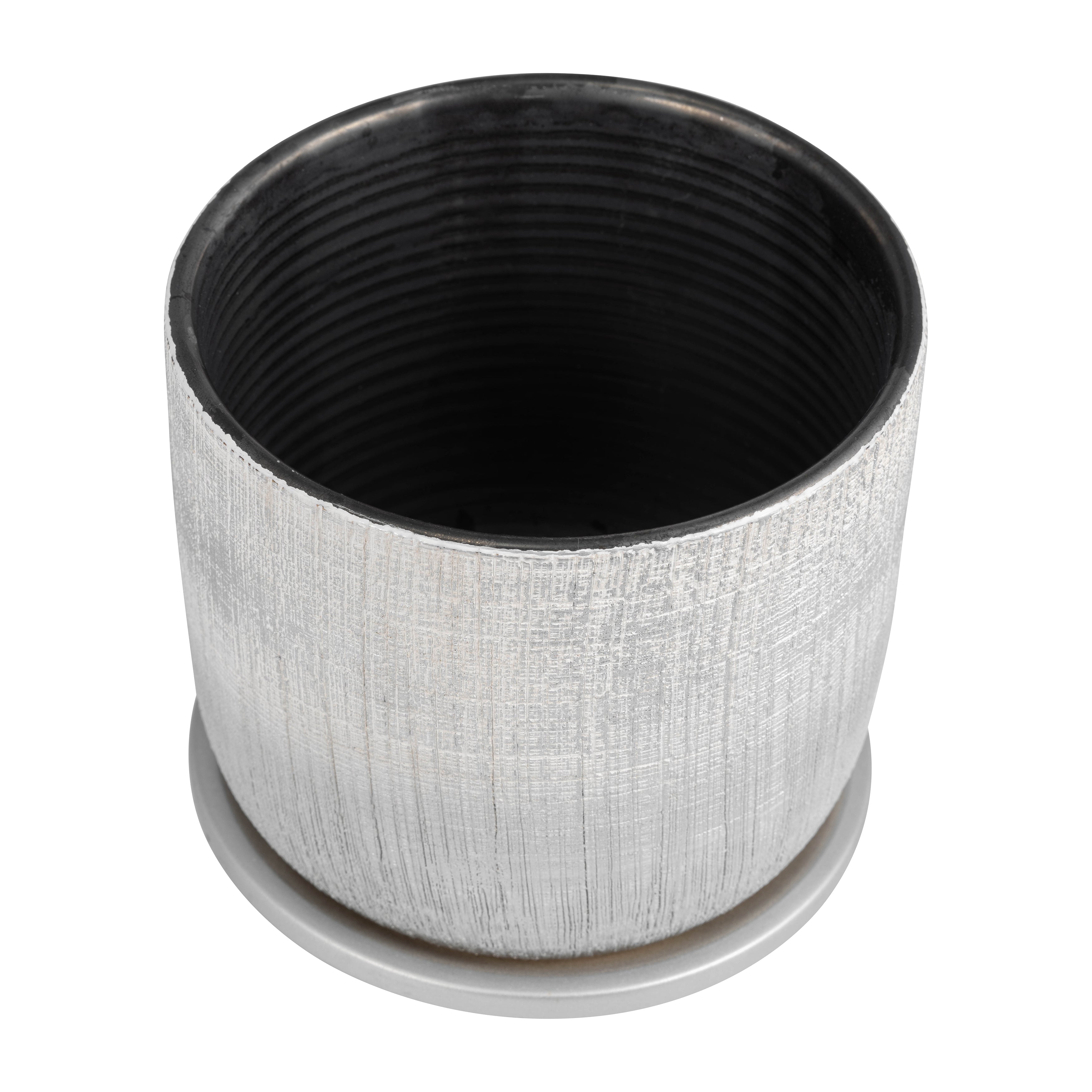 Reflective Radiance: Silver Textured Planters & Saucers - Set of 2