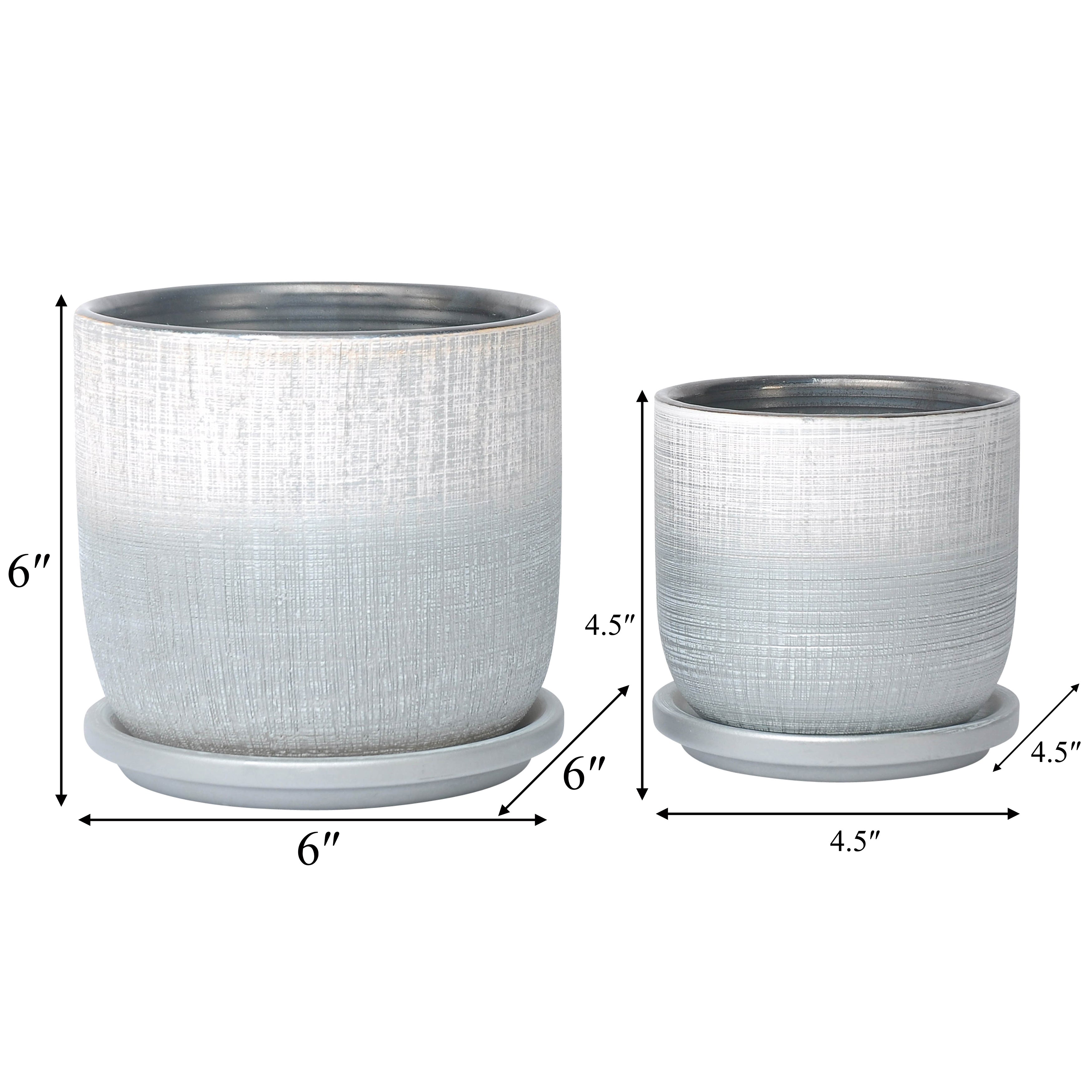 Reflective Radiance: Silver Textured Planters & Saucers - Set of 2