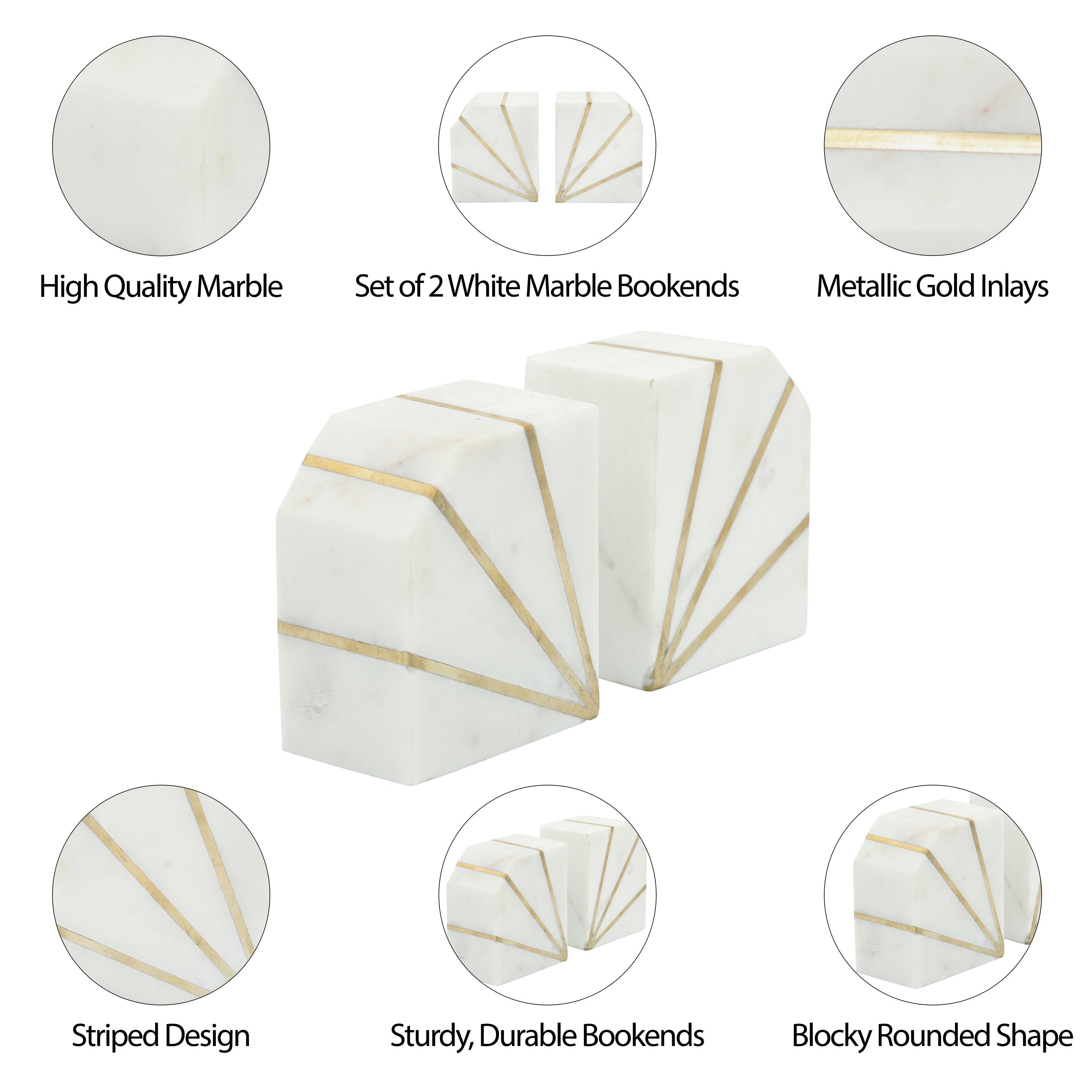 White Knight: White Marble Bookends With Golden Accents (Set of 2)