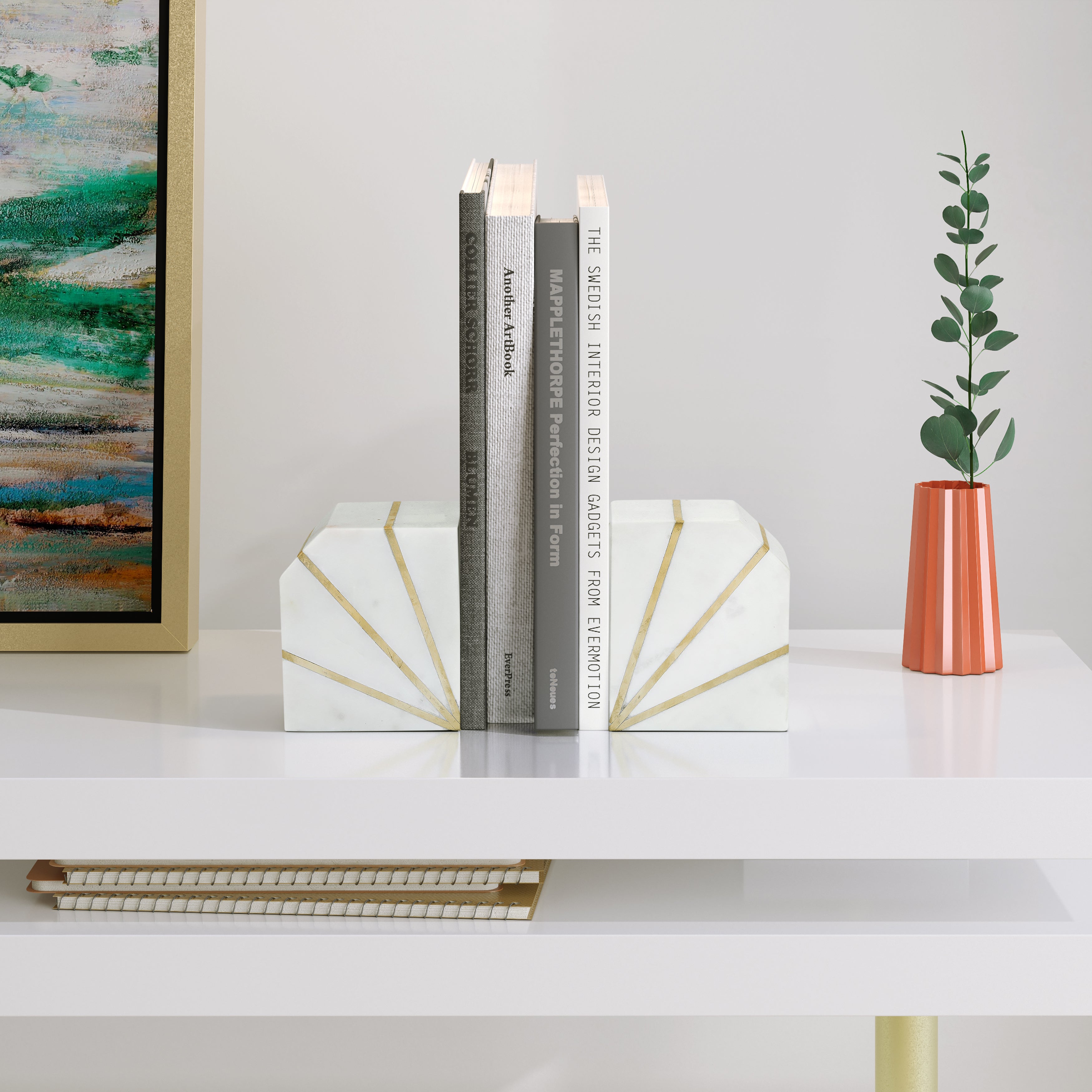 White Knight: White Marble Bookends With Golden Accents (Set of 2)