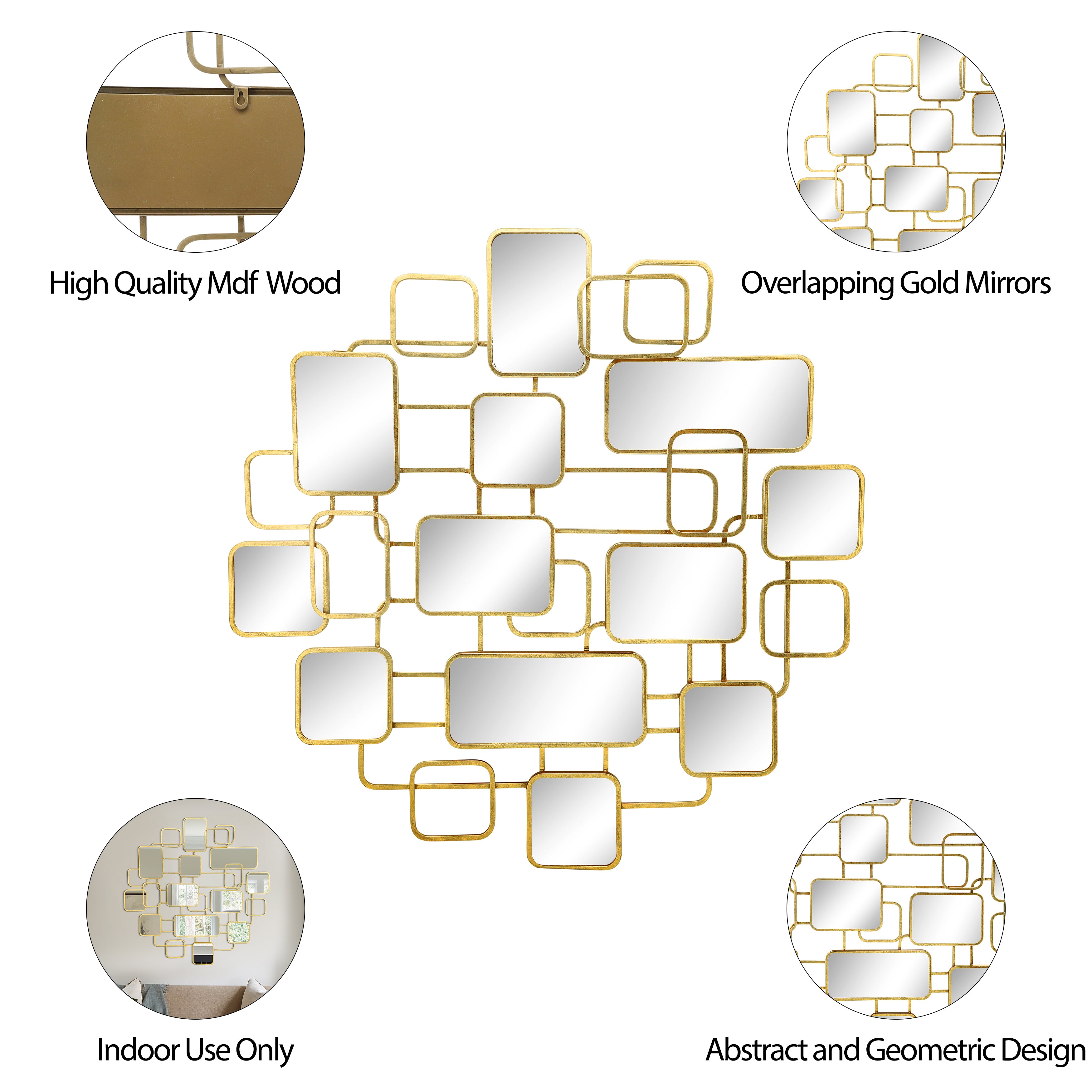 Metal, 38x39 Wall Accent W/ Mirrors, Gold Wb