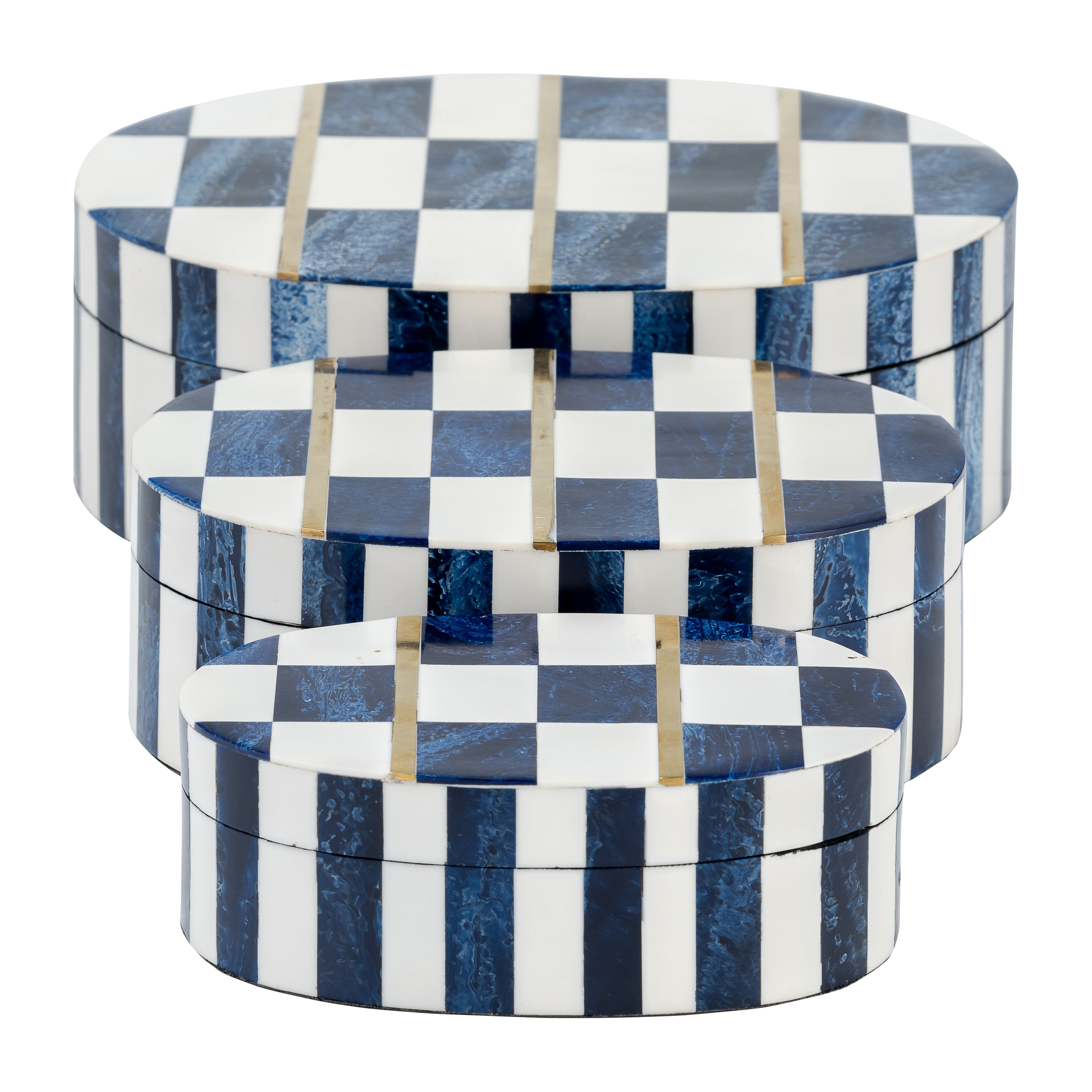 Harbor Checkered Classics: Set of 3 Oval Resin Boxes in White & Blue