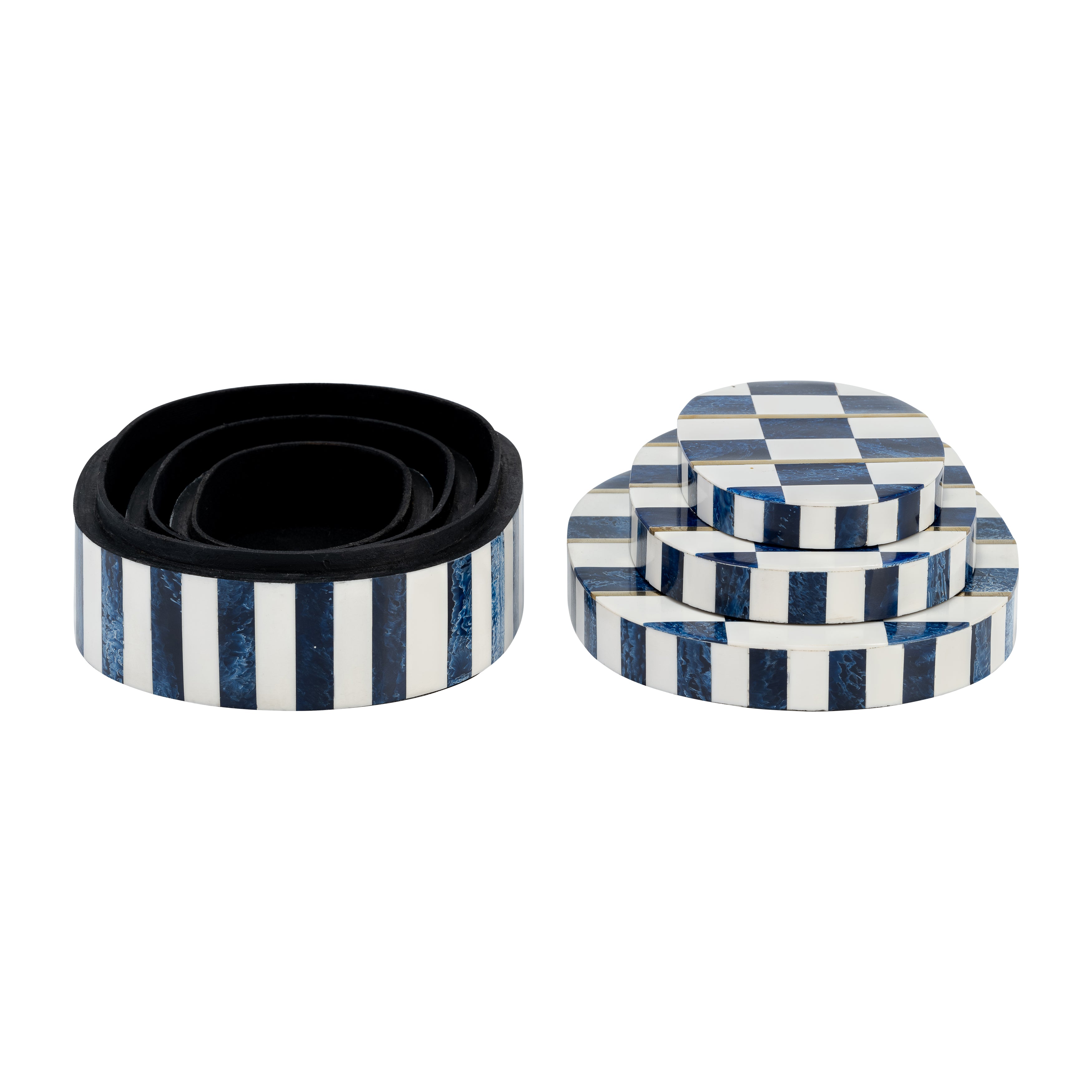 Harbor Checkered Classics: Set of 3 Oval Resin Boxes in White & Blue