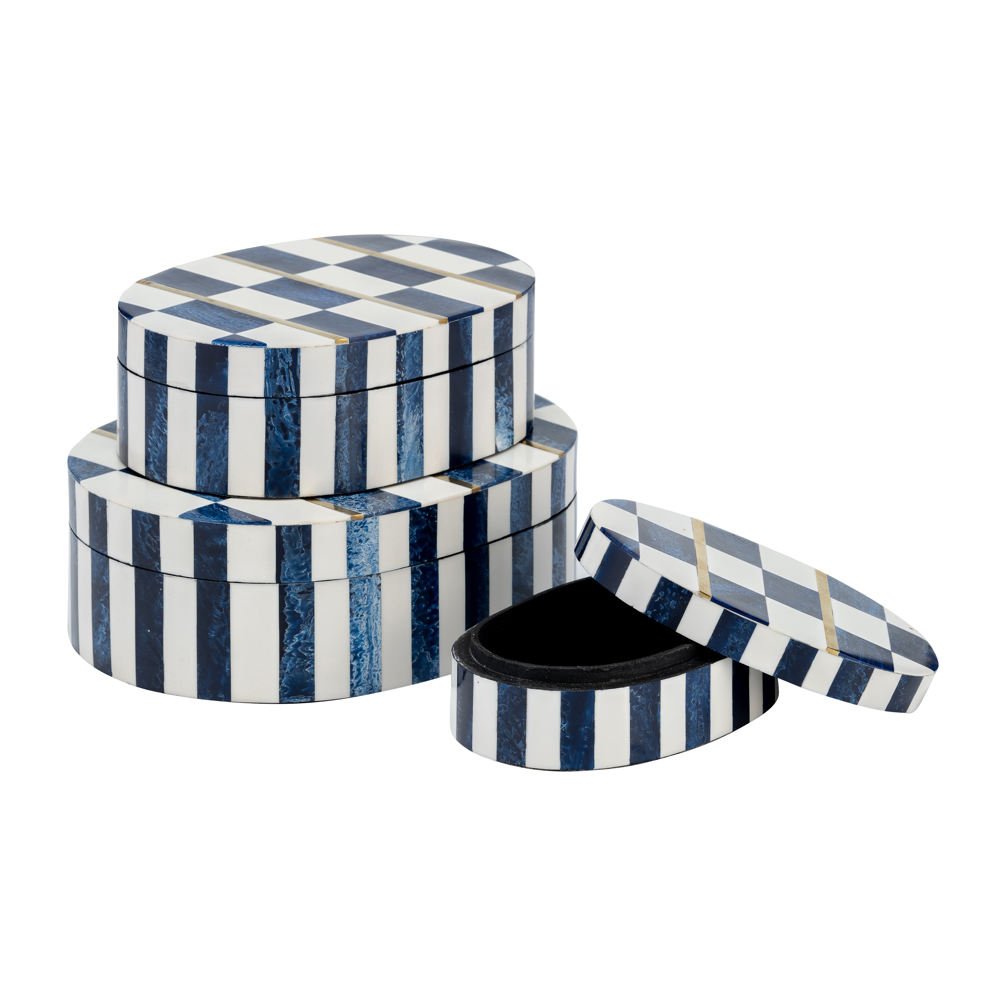Harbor Checkered Classics: Set of 3 Oval Resin Boxes in White & Blue