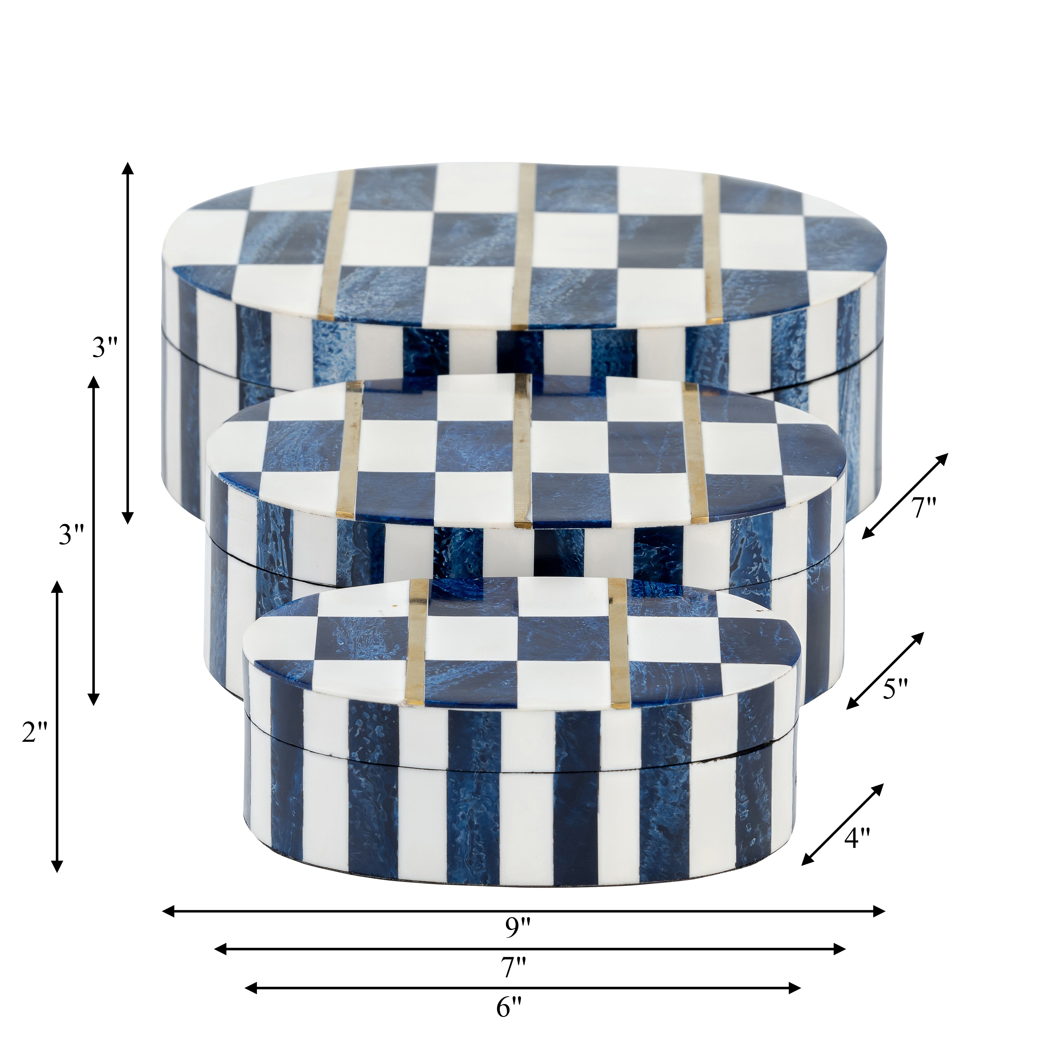 Harbor Checkered Classics: Set of 3 Oval Resin Boxes in White & Blue
