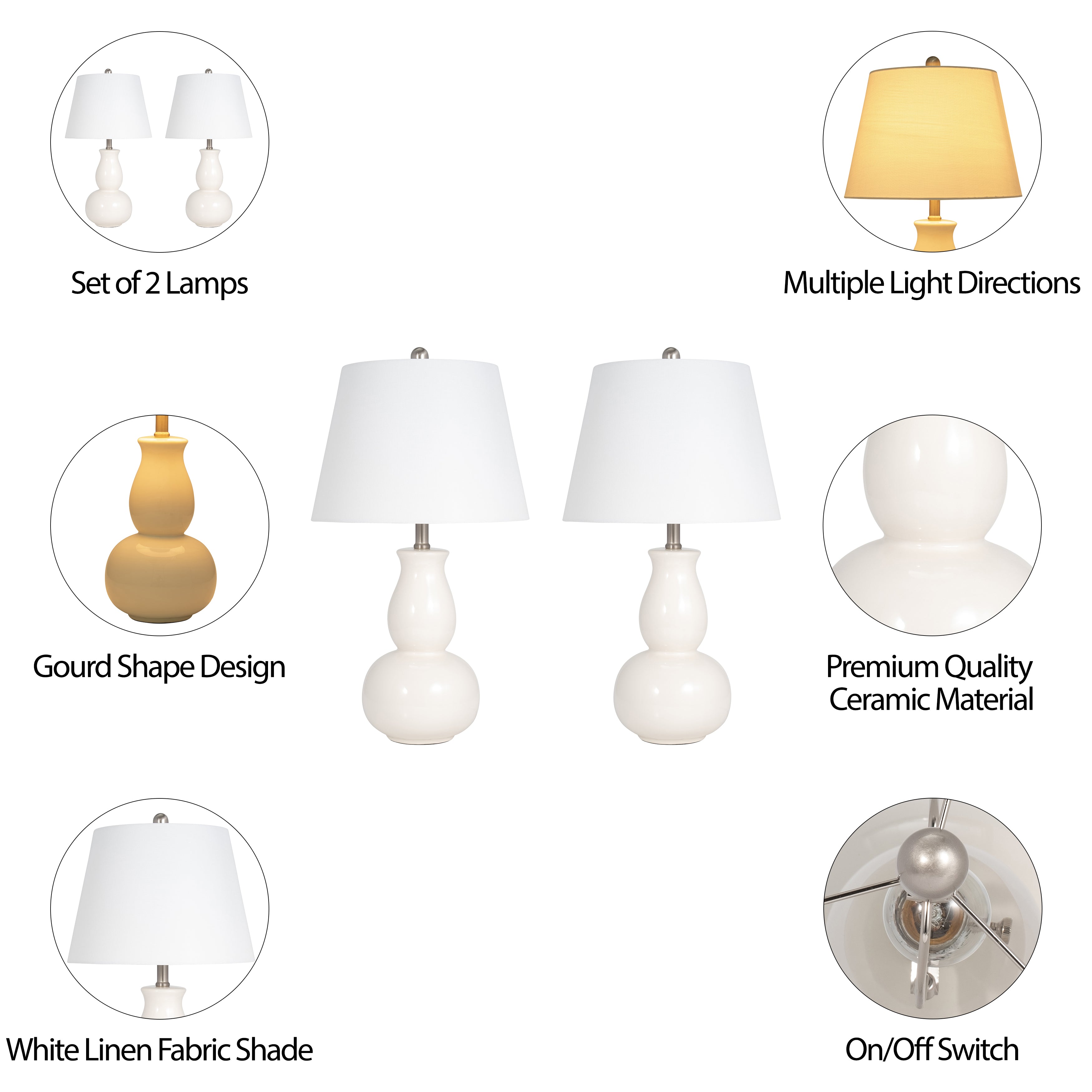 S/2 Ceramic 26" Gourd Table Lamp, White