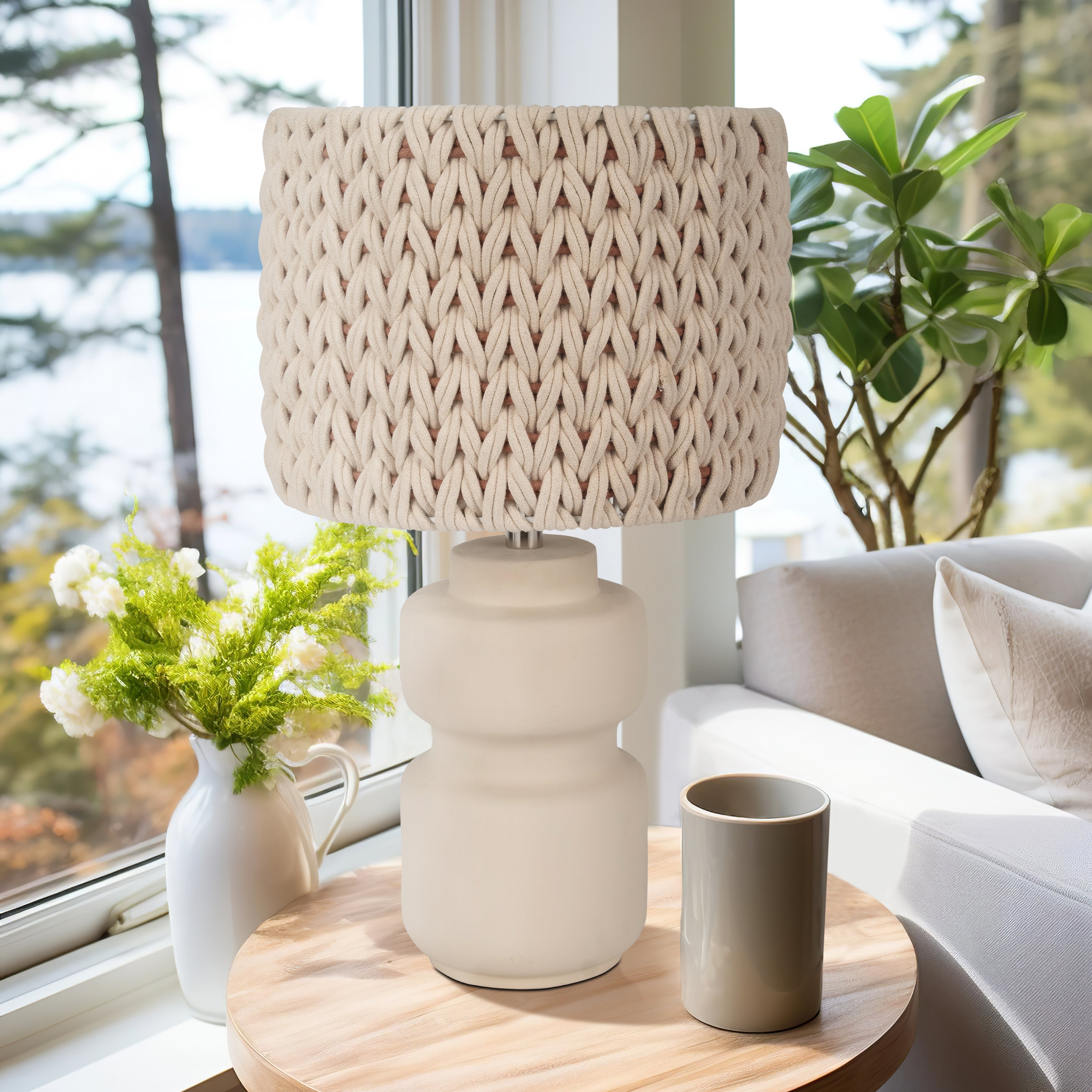 Cozy Craft: 23" Ceramic Macrame Glow Table Lamp