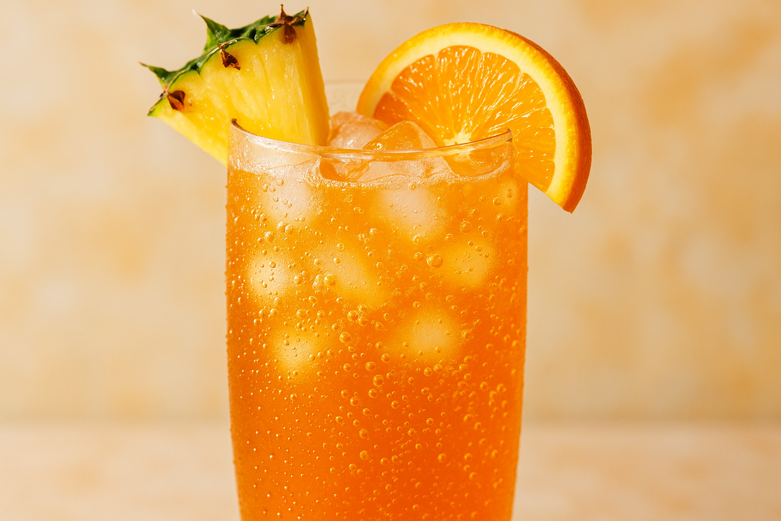An iced fizzy drink that is orange and is flavored with pineapple and orange
